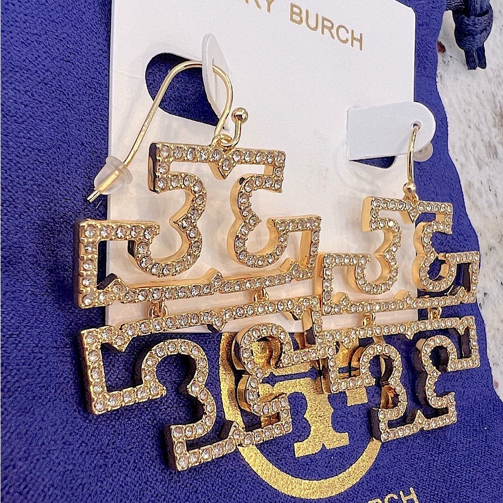 🔥Brand New NWT Tory Burch TB Logo Britton Pave Diamond Gold Earrings - Picture 3 of 4